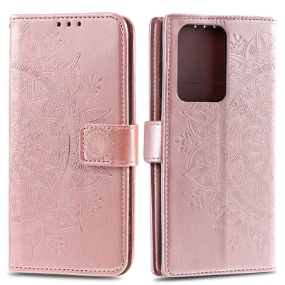 Imprint Flower Leather Wallet Phone Casing for Samsung Galaxy S20 Ultra - Rose Gold
