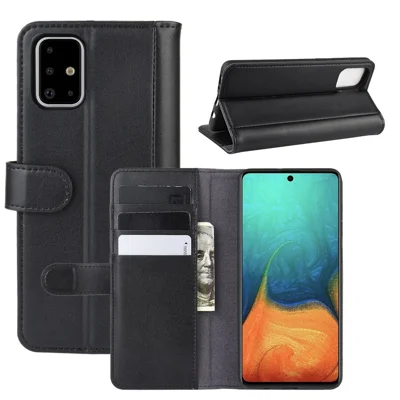For Samsung Galaxy A71 Phone Cases Genuine Split Leather Wallet Mobile Cover Stand - Black