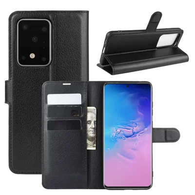 Cartera de piel de litchi con soporte de piel para Samsung Galaxy S20 Ultra - Negro