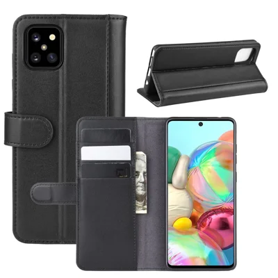 For Samsung Galaxy A81 / Note 10 Lite / M60s Phone Cases Genuine Split Leather Wallet Mobile Cover Stand - Black