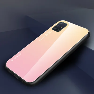 Gradient Color Glass + TPU Cell Phone Cover for Samsung Galaxy A51 - Gold / Pink