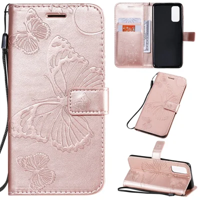 For Samsung Galaxy S20 4G / S20 5G Wallet Case Floral Butterfly Imprinted Leather Phone Cover Stand - Rose Gold