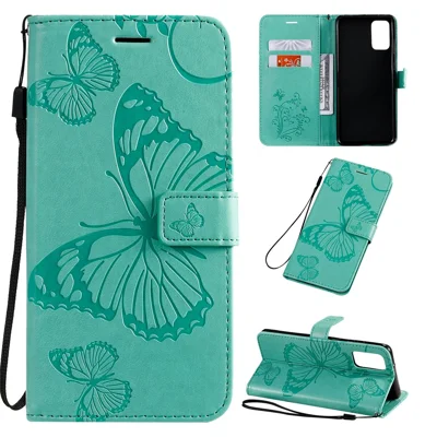 For Samsung Galaxy S20 Plus Wallet Case Floral Butterfly Imprinted Leather Phone Cover Stand - Green