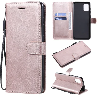 For Samsung Galaxy A71 Case Solid Color Leather Mobile Cover Wallet Stand with Strap - Rose Gold