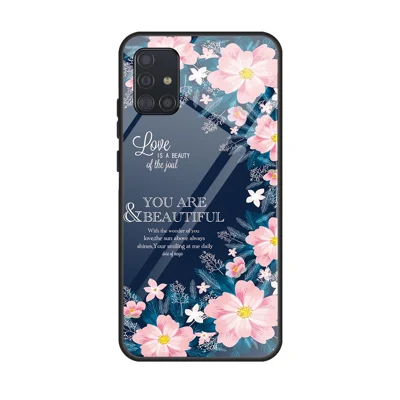 Printing Surface Glass Back + TPU Cell Phone Case for Samsung Galaxy A71 - Pink Flowers