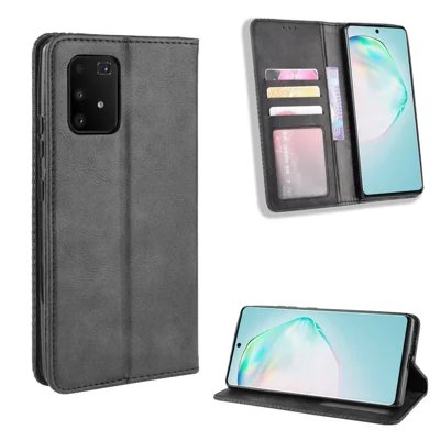 Vintage Style Leather Wallet Stand Phone Cover per Samsung Galaxy A91/M80S/S10 Lite - Nero