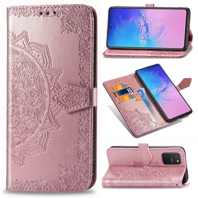 Portafoglio in pelle con fiore mandala in rilievo, custodia di protezione per telefono con supporto per Samsung Galaxy A91/S10 Lite - Oro Rosa