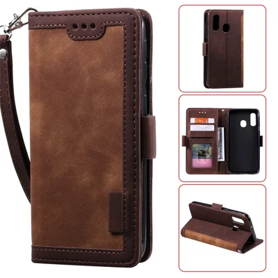 Vintagstil Fälg Läder Flip Mobilskal med Plånbok och Ställfunktion för Samsung Galaxy A20e - Brun
