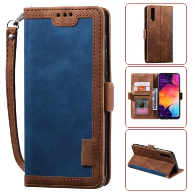 Vintage Splicing Style Wallet Stand Leather Flip Phone Cover for Samsung Galaxy A70  - Blue
