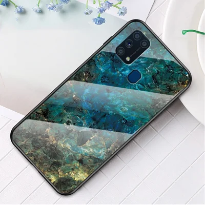 Hybrydowa obudowa z hartowanego szkła, tworzywa sztucznego PC i TPU o fakturze marmuru dla Samsung Galaxy M31 - Szmaragdowa