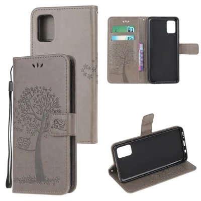 Imprint Tree Owl Pattern Magnetic Wallet PU Leather Cover for Samsung Galaxy A51 5G - Grey