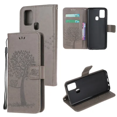 Imprint Tree Owl Leather Stylish Wallet  Stand Case for Samsung Galaxy A21s - Grey