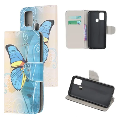 Cross Texture Pattern Printing Leather Wallet Phone Cover with Strap for Samsung Galaxy A21s - Blue Butterflies