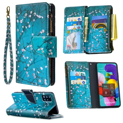 BF03 Pattern Printing Leather Mobile Case with Zipper Wallet for Samsung Galaxy A51 SM-A515 - Tree with Flower