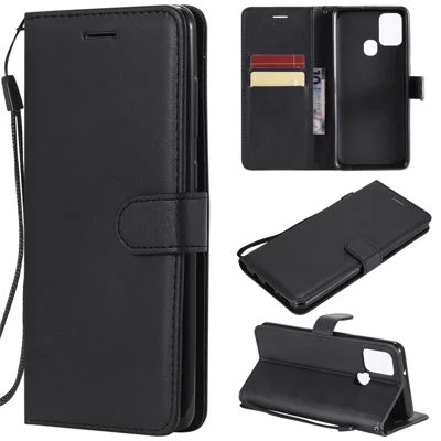 Capa para Samsung Galaxy A21s, Capa em Couro de Cor Sólida com Suporte Carteira e Alça - Preto