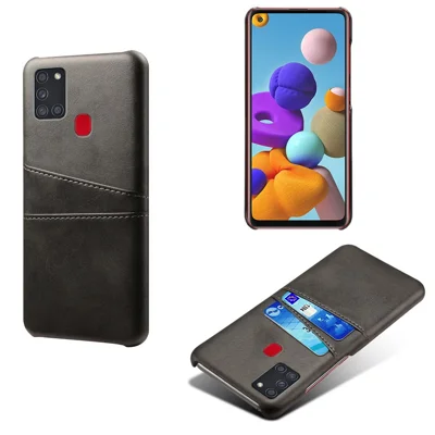 PU Leather Coated Plastic Case with Double Card Slots for Samsung Galaxy A21s - Black