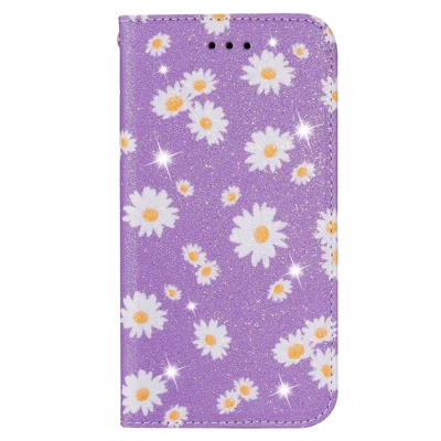 Daisy Pattern Flash Powder Card Holder Flip Leather Phone Case for Samsung Galaxy A21s - Purple