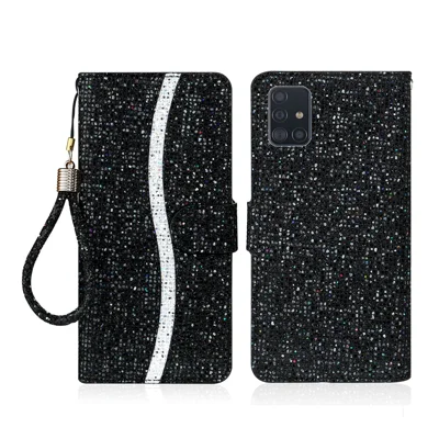 Glittery Powder Splicing Wallet Stand Leather Unique Case for Samsung Galaxy A51 SM-A515 - Black