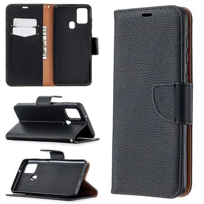 Litchi Skin Wallet Leather Stand Case for Samsung Galaxy A21s - Black