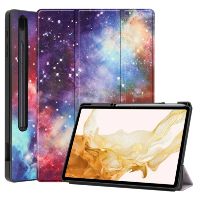 Mønsterprintet PU-læder tri-fold stand tablettehylster til Samsung Galaxy Tab S7+ T970 / S8+ - Cosmic Space