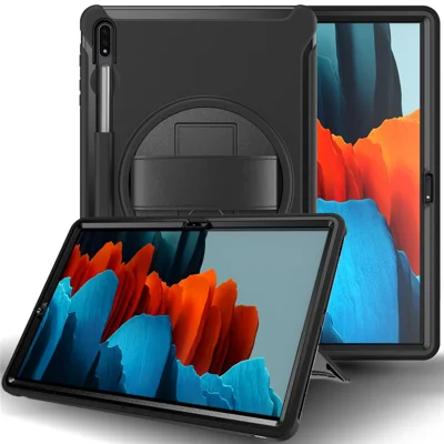 For Samsung Galaxy Tab S7+ / S8+ 360° Swivel Kickstand PC + TPU Tablet Case with Pen Slot and Hand Strap - Black