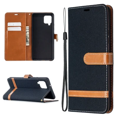 Assorted Color Jeans Cloth Leather Wallet Case for Samsung Galaxy A42 5G - Black