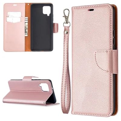 Plain Litchi Skin Stand Leather Wallet Phone Cover Shell for Samsung Galaxy A42 5G - Rose Gold