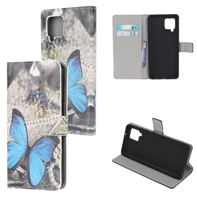 Pattern Printing Wallet Leather Phone Cover Case for Samsung Galaxy A42 5G - Blue Butterfly