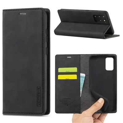 LC.IMEEKE Auto-Absorbed Leather Wallet Stand Phone Protective Shell with Wallet Stand for Samsung Galaxy S20 Plus/S20 Plus 5G - Black