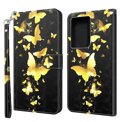 Pattern Printing Light Spot Decor Wallet Stand Leather Phone Casing with Strap for Samsung Galaxy S21 Ultra 5G - Gold Butterfly