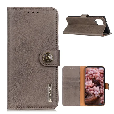 KHAZNEH Retro Style Leather Protector Stand Case for Samsung Galaxy A12 with Magnetic Clasp Closure - Khaki