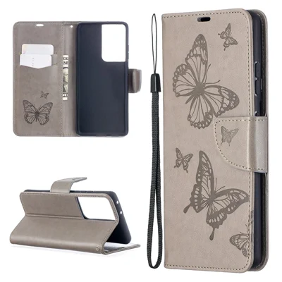 Imprint Butterflies Pattern Wallet Stand Leather Cover for Samsung Galaxy S21 Ultra 5G - Grey