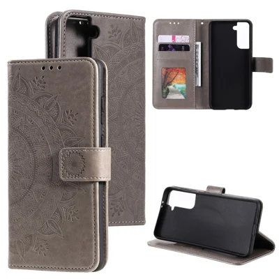 Imprinted Mandala Flower Protector Leather Case for Samsung Galaxy S21+ 5G Stand Flip Cover - Grey
