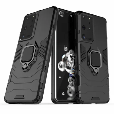 PC TPU Hybrid Case for Samsung Galaxy S21 Ultra 5G Cool Guard Ring Holder Kickstand Shell - Black