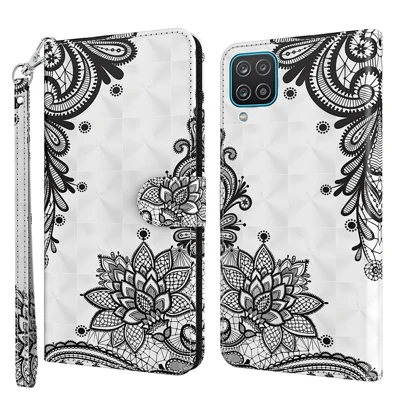 Supporting Stand Anti-scratch Shockproof Leather Case Pattern Printing Cover with Lanyard for Samsung Galaxy A12 - Lace Flower