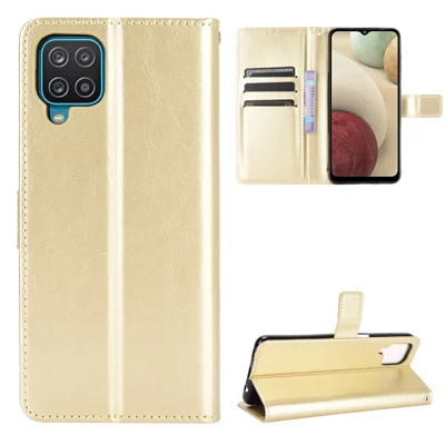 Crazy Horse Wallet Stand Leather Shell with Strap for Samsung Galaxy A12/M12 - Gold