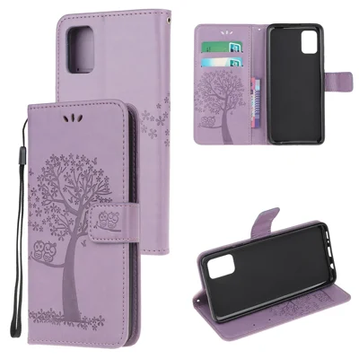 Imprint Tree Owl Design Lederen Stijlvol Portemonnee Hoesje voor Samsung Galaxy A02s (164,2 mm) - Paars