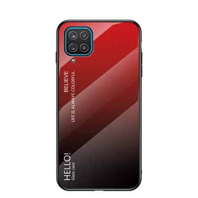 TPU Frame + Tempered Glass Color Gradient Pattern Cell Phone Back Case for Samsung Galaxy A12 - Red/Black