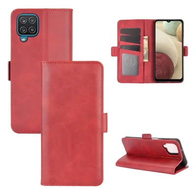 Double Clasp Flip Magnet Leather Cover for Samsung Galaxy A12 Wallet Stand Design Phone Cover - Red