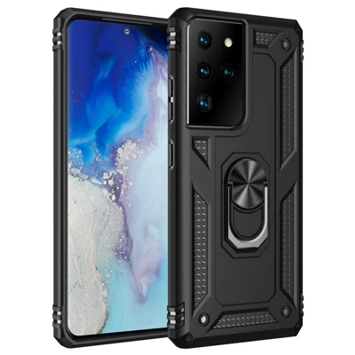 Hybrider PC + TPU Anti-Drop-Handyhülle mit Ringständer für Samsung Galaxy S21 Ultra 5G - Schwarz