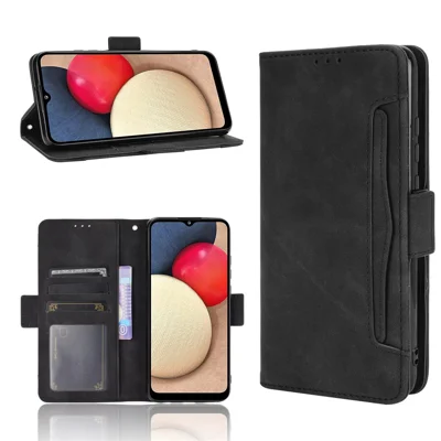 Beschermhoes met Stand en Lederen Case met Meerdere Kaarthouders voor Samsung Galaxy A02s (166,5 mm) - Zwart