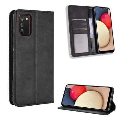 Vintage Magnetic Sluiting Leren Cover met Stand voor Samsung Galaxy A02s (166,5 mm) - Zwart