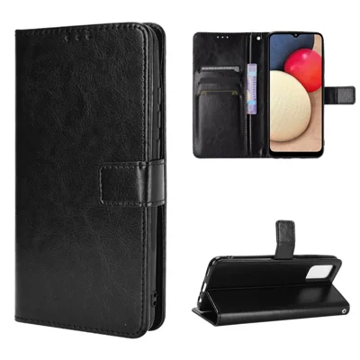 Crazy Horse-structuur portemonnee stand huid telefoonhoesje voor Samsung Galaxy A02s (166,5 mm) - Zwart