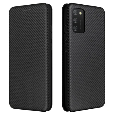 Koolstofvezelstructuur Leren Hoesje met Automatisch Sluitend Standhoesje voor Samsung Galaxy A02s (166,5 mm) - Zwart