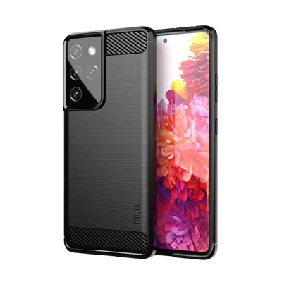 MOFI Carbonvezelstructuur Geborsteld TPU Achterkant Mobiele Telefoonhoesje voor Samsung Galaxy S21 Ultra 5G - Zwart