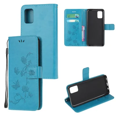 Imprint Butterfly Flowers Leather Wallet Phone Cover for Samsung Galaxy A32 5G / M32 5G - Blue