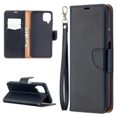 Litchi Skin Wallet Pure Color Phone Case for Samsung Galaxy A12 - Black