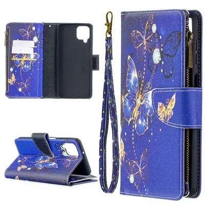 BF03 Pattern Printing Zipper Wallet Leather Phone Cover for Samsung Galaxy A12 - Gold Butterfly
