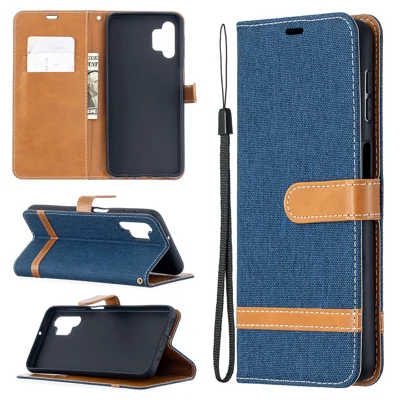 Case for Samsung Galaxy A32 5G / M32 5G Color Splicing Jeans Cloth Surface Wallet Leather Phone Cover - Dark Blue