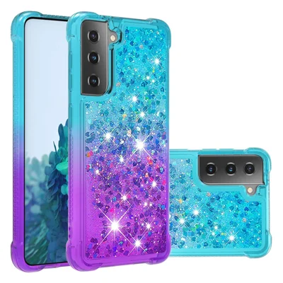 Four Corner Cushion Gradient Glitter Powder Quicksand TPU Shell Cell Phone Cover for Samsung Galaxy S21 4G/5G - Sky Blue/Purple
